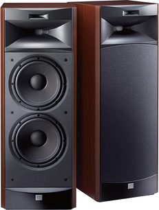 Enceinte colonne JBL S3900 cherry, vue de face, 2 haut-parleurs ronds, finition bois foncé et noir mat