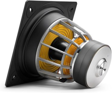 Сабвуфер JL Audio E-Sub e112 в черен лак, преден изглед в перспектива, защитна решетка в жълто и черно