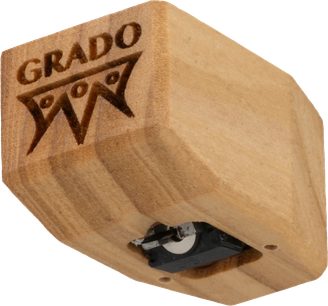 Testina hi-fi Grado Platinum 4 finitura in legno chiaro vista dal basso con puntina di lettura visibile