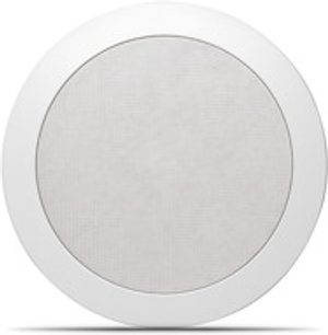 Vestavný kulatý bílý reproduktor Focal Custom IC 105, pohled zepředu, bílá kruhová kovová mřížka, bílý rámeček