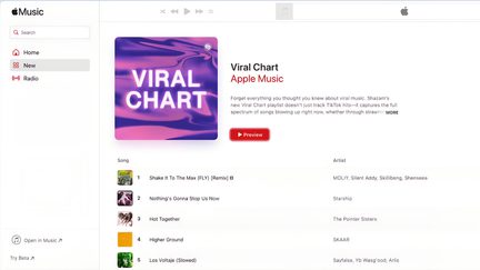 Přední snímek obrazovky rozhraní Apple Music na bílém digitálním displeji zobrazující vlevo obal alba s přechodem fialové a růžové barvy s názvem „Viral Chart“, červené tlačítko „Preview“, seznam písní a interpretů zarovnaný vpravo a světle šedou postranní lištu s ikonami.