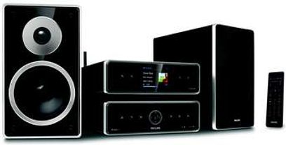 Philips MCI500H sort hi-fi-minianlæg bestående af en tårn med cd-afspiller, højttalere, en basreflekskabinet og en fjernbetjening