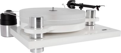 Fehér Block PS-100+ hi-fi lemezjátszó, átlátszó akril lemezzel, fényes fém hengeres lábbal, fekete tonkarommal, külső hengeres motorral, szíjhajtással, háromnegyed elől jobbról nézve