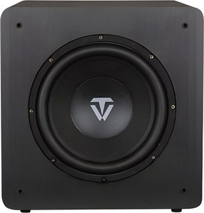 Tonewinner SW-D2000 sort subwoofer, set forfra, kvadratisk kabinet med centreret højttaler og sølvfarvet logo