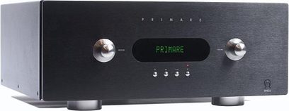 Primare SPA22 stereo hi-fi forstærker, sort frontpanel med grøn skærm, 2 sølvfarvede drejeknapper, set forfra