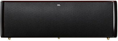 Rektangulær sort JBL LS Center-midterhøjttaler, set forfra, med sort gitter over hele overfladen og sølvfarvet JBL-logo i midten