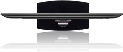 LG 26LV2500 sort fladskærms-TV, set forfra og fra siden, flad skærm, oval base med tomt rum i midten