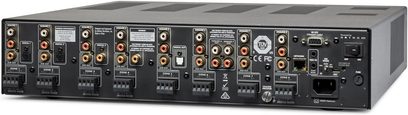 Multikanálový výkonový zesilovač Anthem MDX16 v černé barvě, pohled zepředu, 8 zón, audio a síťové konektory na zadní straně