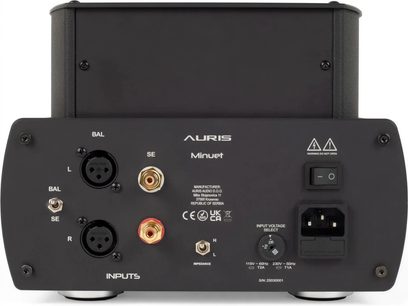 Preamplificador de auriculares de alta fidelidad Auris Audio Minuet negro, vista trasera con entradas XLR y RCA