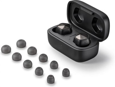 Sluchátka Astell&Kern AK UW100 otevřeného typu v černé barvě a 10 šedých intraaurálních nátrubků, pohled zepředu shora
