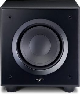 Paradigm Defiance V10 sort satineret subwoofer, set forfra, med en rund sort diskant i et kubisk sort kabinet