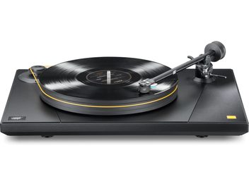 Giradischi Mofi Electronics UltraDeck + nero con braccio di lettura a destra e disco in vinile sul piatto