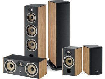Pack d'enceintes colonnes Focal Aria Evo X N°4 noyer, 5 enceintes noires et bois clair, différentes tailles, vues de face