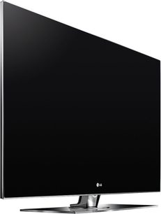 LG 42SL8000 højdefinitions-fladskærms-TV, sort skærm, set forfra, stående på sølvfarvet metalfod