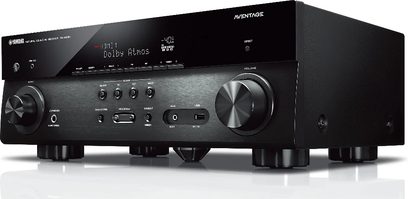 Yamaha RX-A680 sort home-cinema-forstærker set forfra, børstet aluminiumsfront, display, kontrolknapper og -hjul