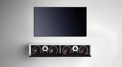Clic Classic Series AV-møbel modell 120S, hvit, svart nedfellbar front med metallhengsler, 4 basselementer og 2 diskanter