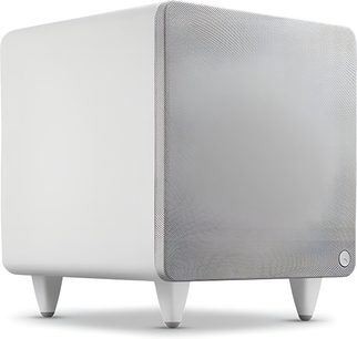 Subwoofer Cambridge Audio MSX Sub 300 wit, driekwart aanzicht, lichtgrijs textielen rooster en conische poten