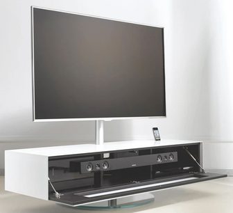 Spectral Disc DS07 TV-møbel i hvid og sort, fladskærm, soundbar, Blu-ray-afspiller, af glas og metal, set forfra