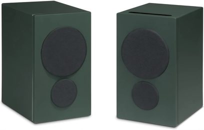 Coppia di diffusori connessi PSB iQ2 verde scuro, frontali con due griglie circolari nere, vista di tre quarti