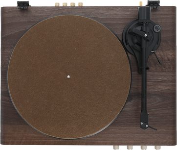 Giradischi hi-fi Enova HIFI VELA VP2 vista dall'alto, piatto circolare marrone, braccio di lettura nero a destra, base in legno