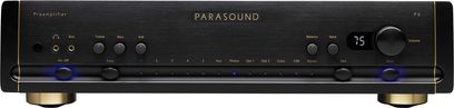 Parasound Halo P6 sort præforstærker, sort, børstet aluminiumsfront, metaldrejeknapper, blå display, enkelt og elegant design