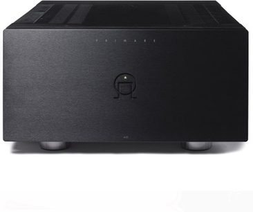 Front view of Primare A32 black power amplifier, green LED illuminated