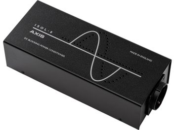Svart Isol-8 Axis 20 nätfilter, rektangulärt hölje med silverfärgat sinusmönster och uttag på sidan