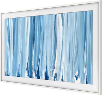 Witte Samsung The Frame 55-inch lijst, driekwartaanzicht, rond een blauwe abstracte afbeelding