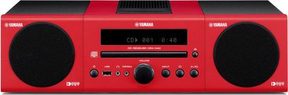 Yamaha CRX-040 red mini hi-fi system, front view, with CD player, USB port, digital display, buttons, and two speakers