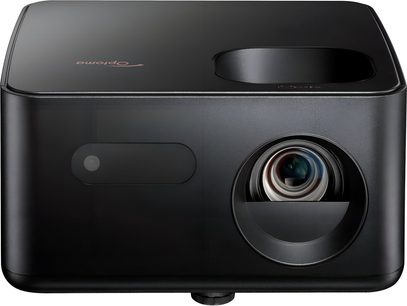 Videoproiettore Optoma Photon Life PH31 nero in plastica opaca, vista frontale, lente a destra e finestra ovale a sinistra