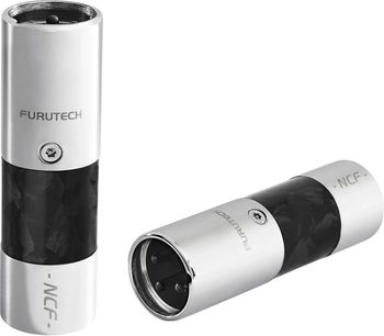Furutech Clear-Line NCF XLR (M) sølvfarvet og sort støjfilter, set stående og liggende