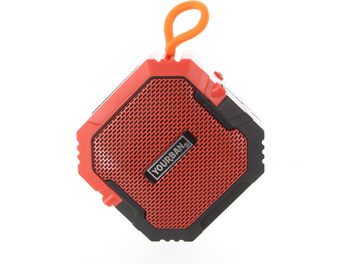 Enceinte bluetooth Yourban Getone 15, forme hexagonale, grille rouge, bordures noires, boucle orange, vue de face