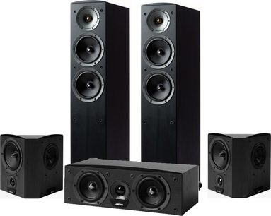Sæt af Jamo C605 HCS3 højttalere i askegrå, bestående af 2 gulvhøjttalere, 1 centerhøjttaler, 2 reolhøjttalere og 1 subwoofer
