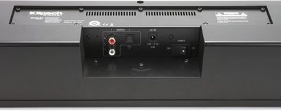 Sort Klipsch SB-3 soundbar, set forfra, med to højttalere, kontrolknapper og centralt LED-display