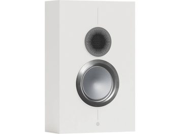 Diffusore da scaffale Monitor Audio Gold On-Wall 6G bianco satinato, vista frontale, altoparlante circolare argentato, griglia nera