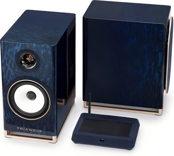 Paar connected luidsprekers Triangle Capella 2 abyss blue met donkerblauwe lakafwerking en witte woofer