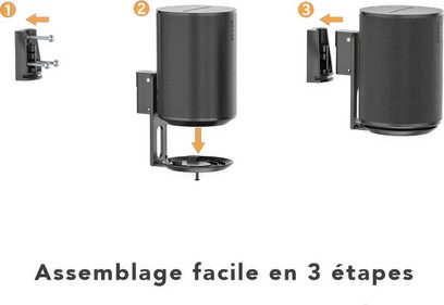 Norstone Mount højttalerstativ sort til Sonos ERA 100, set forfra, 3 trin i samlingen illustreret med pile