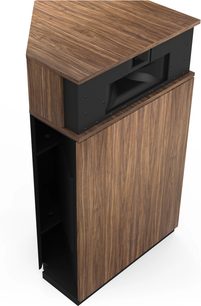 Reproduktorová sestava Klipsch Khorn AK7 American Walnut s částečným pohledem, povrchovou úpravou ořech a černými úhlovými detaily