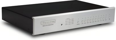 Bryston BDA-3 DAC converter three-quarter view, silver aluminum front panel with a row of indicators and buttons