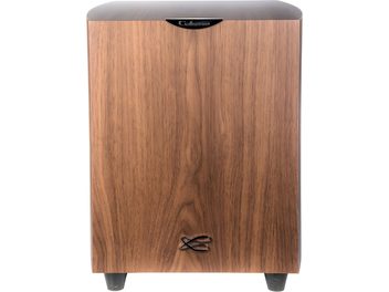 Cabasse Orion subwoofer i valnöt, rektangulär, trä, svart front, koniska fötter, ren design