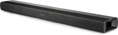 Denon DHT-S217 sort soundbar, sort, rektangulær, langstrakt, set forfra og ovenfra, liggende fladt på en grå overflade