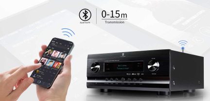 Sort Bluetooth Tonewinner AT-3000 lydforstærker tilsluttet en smartphone til trådløs musikstreaming 0-15 m