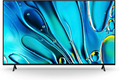 Televizor Sony BRAVIA 3 K65S3 v matné černé barvě z plastu a kovu, pohled zepředu, plochá obrazovka s ultra tenkým rámem a dvěma rozkročenými stojany ve tvaru V