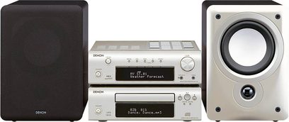Sølvfarvet Denon DF-102 Hi-Fi mini-anlæg med CD-afspiller, radiotuner og to højttalere