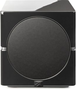 Dynamo 12 subwoofer i sort højglans, frontvisning, centreret sort cirkulært gitter, skinnende overflade, afrundede hjørner