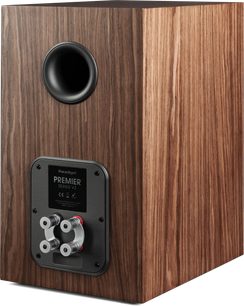 Diffusore da scaffale Paradigm Premier 220B v2 noce, vista posteriore con condotto circolare e morsetti quadrupli neri e argentati