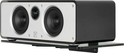 Q Acoustics QA2130 højttaler-fod, hvid, rektangulær, 2 sorte højttalere, gråt logo, mat sort base