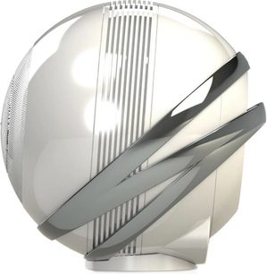 Cabasse The Pearl savienotais skaļrunis, pērļu baltā krāsā, 3/4 skats no aizmugures, ovāla, strāvlīniju forma, metāla režģis, spīdīgi balts laku pārklājums