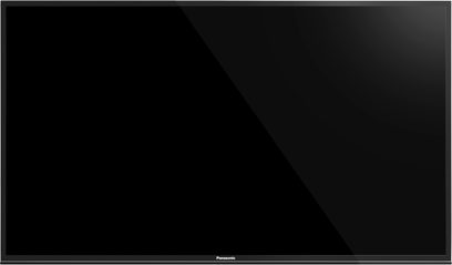 Panasonic TX-49FX600 flad skærm slukket, set forfra, smal sort ramme, Panasonic-logo nederst i midten
