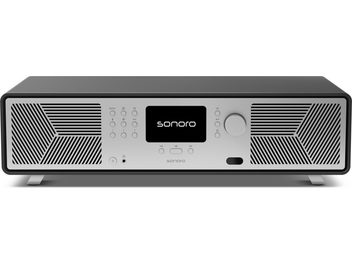 Sistem hi-fi all-in-one Sonoro Avaton, vedere frontală, grafit mat, fațadă metalică argintie, ecran, roțiță, grătare diagonale